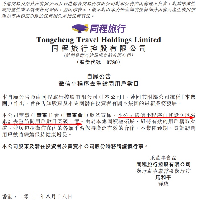 同程旅行：微信小程序累計去重訪問用戶數目突破10億