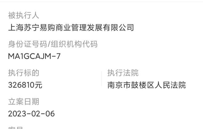 上海蘇寧易購商管公司被強執412萬 累計被執行超974萬