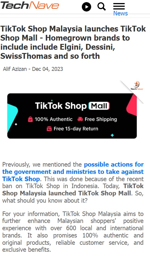 TikTok Shop Mall正式上線馬來西亞