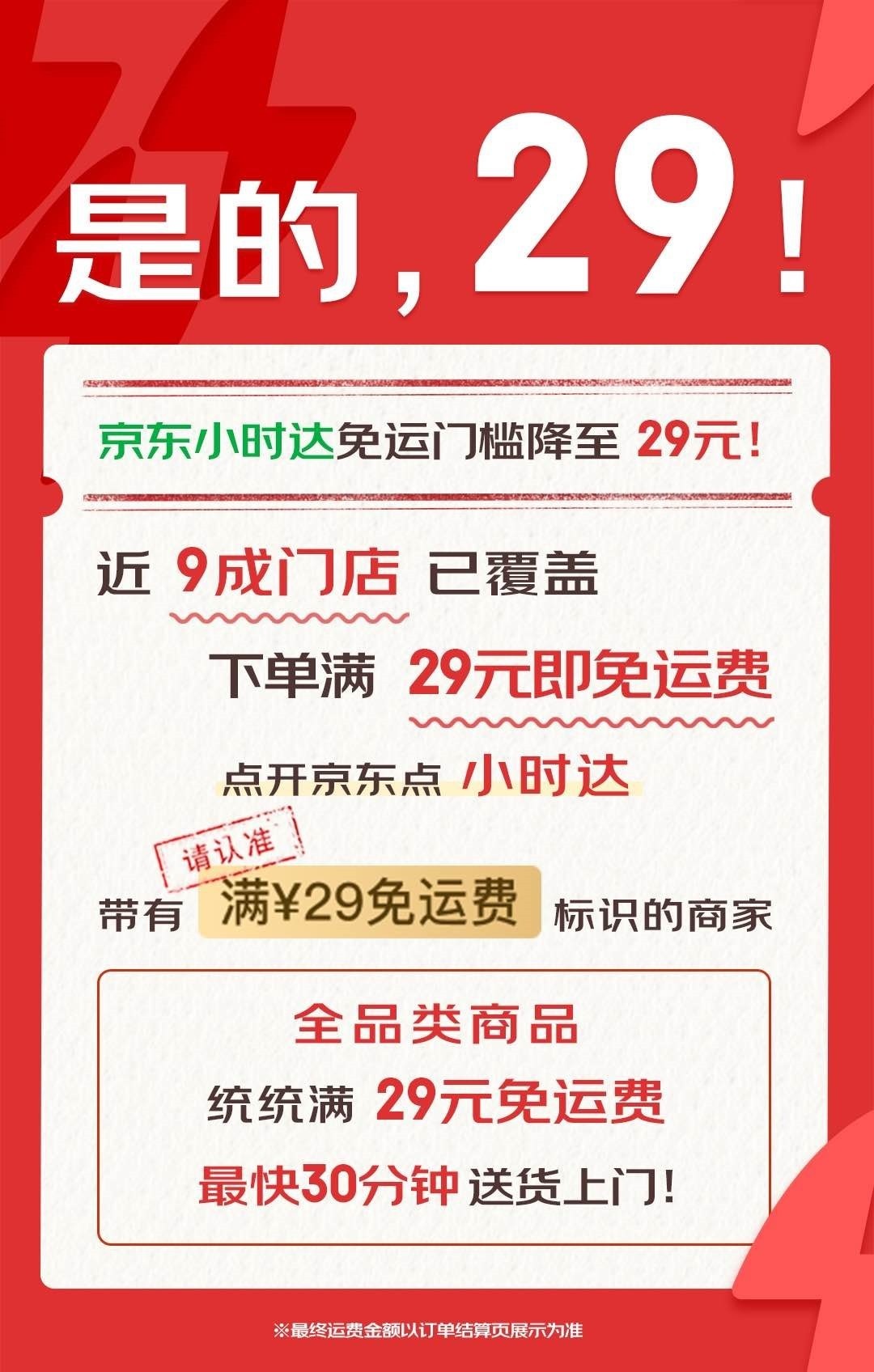 京東小時達全面推出“滿29元免運費”服務